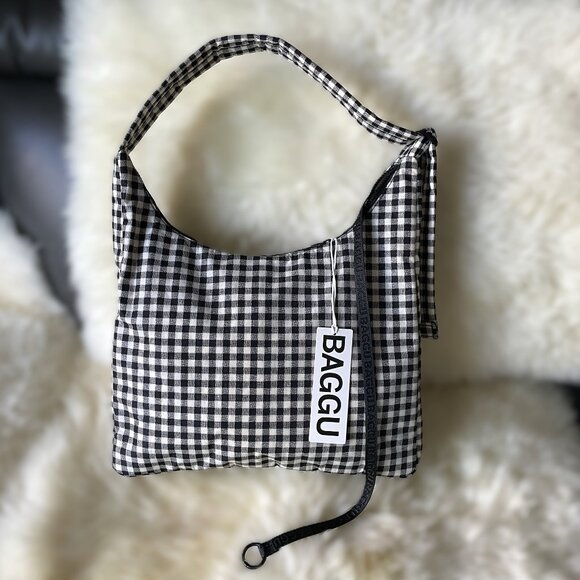 NWT Baggu Regular Shoulder Bag - Black & White Gingham - Picture 2 of 8